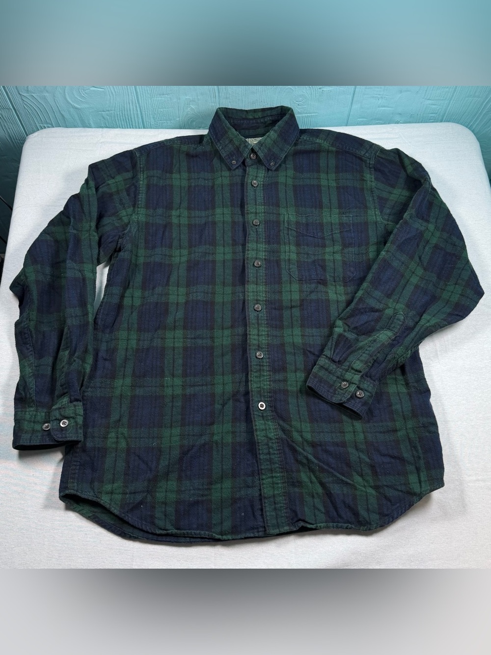 LL Bean Black Watch Scotch Plaid Flannel Shirt Mens Medium Regular Green Navy